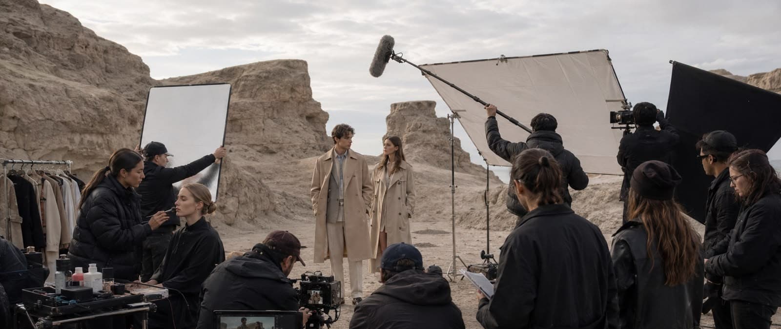 Behind-the-scenes photo shoot in a desert location with a film crew and two models
