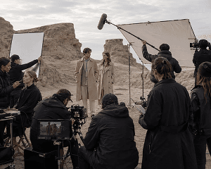 Behind-the-scenes photo shoot in a desert location with a film crew and two models