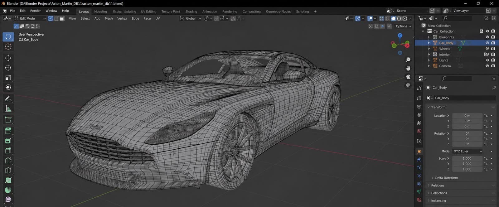 Wireframe 3D model of a sports car in Blender